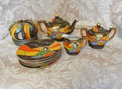 Vintage Japanese Satsuma Tea Set Hand Painted~COMPLETE~21Pc ~BEADED &  GILDED~ - Image 1 of 4
