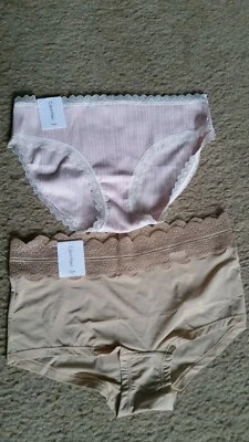 Calvin Klein Pack 2 Bragas Beige Nylon Rosa Algodón Hipster Encaje Ribete Pequeño S Pequeño Foto 1 de 2