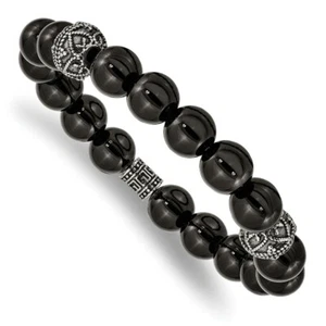 Stainless Steel Antiqued and Polished Black Agate Beaded Stretch Bracelet - Picture 1 of 3