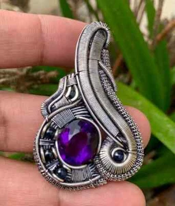 Sterling Silver wire wrap Pendant Amethyst Sapphire Gemstones Handmade - Picture 1 of 5