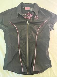 Harley Davidson Black Pink Zip Up Shirt Short Sleeve Woman's Size Small S. - Picture 1 of 3