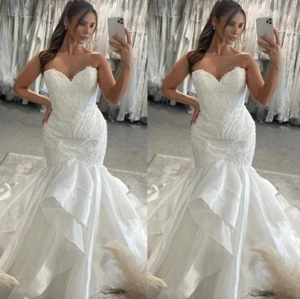 Mermaid Wedding Dresses Strapless Ruched Sweep Train Lace Applique Bridal Gowns - Picture 1 of 9
