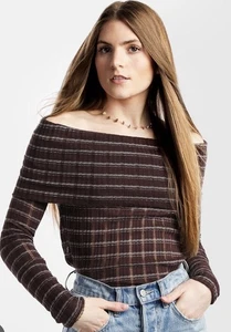 Free People Snow Bunny Girlfriend off the shoulder black striped sheer top Large - Picture 1 of 5
