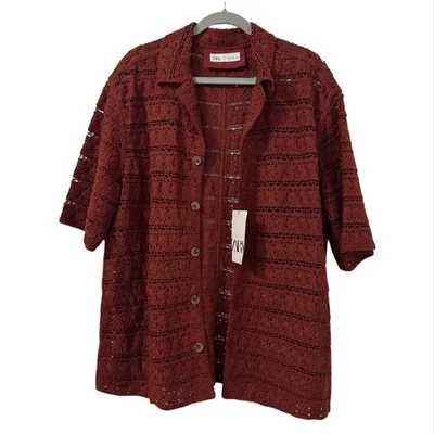Рубашка вязаная крючком на пуговицах мужская Zara размер XL ржаво-коричневая одежда для отпуска путешествий курорта - Изображение 1 из 4