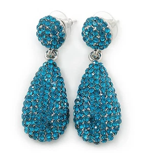 Statement Crystal Teardrop Earrings In Silver Tone/ Teal Blue - 48mm Drop - Picture 1 of 4