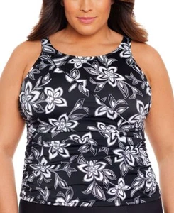 Swim Solutions Plus Size Printed High-Neck Tummy-Control Tankini Top, Black, 24W - Picture 1 of 1