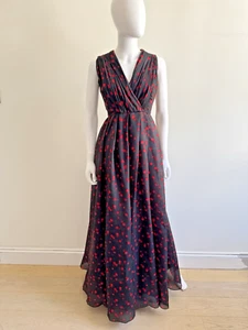 £1100 CH Carolina Herrera Vestido Lunares Negro y Rojo, Maxi Vestido Sin Mangas, 12 - Imagen 1 de 17