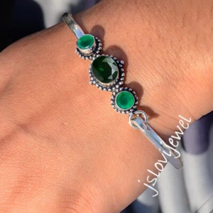 Chrome Diopside & Green Onyx Gemstone 925 Sterling Silver Bracelet For Girl's - Picture 1 of 5