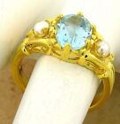 GENUINE BLUE TOPAZ & PEARL 925 SILVER 24K GOLD PLATED ANTIQUE STYLE RING   #1020
