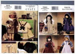 VOGUE 7514 & 7564 PATTERNS Doll 1930s Clothes Prairie Dress 18" American Girl - Picture 1 of 1