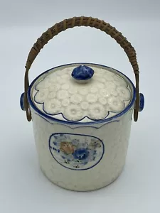 Barattolo biscotti con coperchio vintage Giappone manico in vimini margherita gres design floreale - Foto 1 di 12