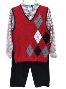 Boys Goodlad 3-Piece Argyle Sweater Vest Set Size 5/6 Red Plaid Shirt & Black Pa - Picture 1 of 7