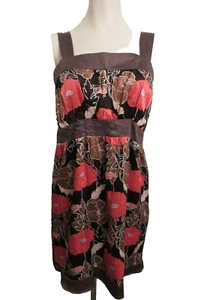 LUX SZ S 100% Silk Summer Dress Black Brown Coral Floral Straps Ruffle - Picture 1 of 7