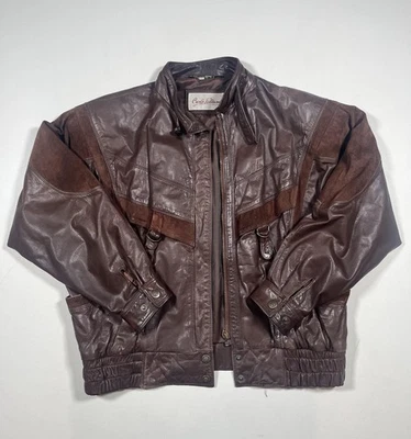 Vintage Carlo Fabiani Jacket Medium Brown Leather Bomber Made Korea 80s 90s - Image 1 of 4
