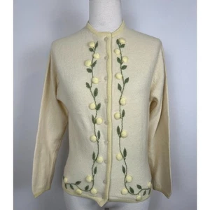 Vintage 60s Embroidered Floral Cardigan Appliqué Sweater Kitsch Yellow S/M - Picture 1 of 7