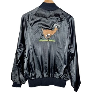 Vintage 80s Sportsmaster Embroidered Deer Black Satin Nylon Bomber Jacket XL - Bild 1 von 6