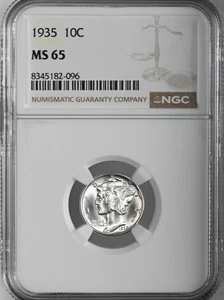 1935-P 10C MERCURY SILVER DIME "PHILADELPHIA MINT" NGC MS65 #8345182-096 - Picture 1 of 4