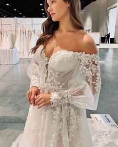 New Ivory Leaves Lace Wedding Dress Bridal Gown Custom made 2-28W Bishop Sleeves - Picture 1 of 6