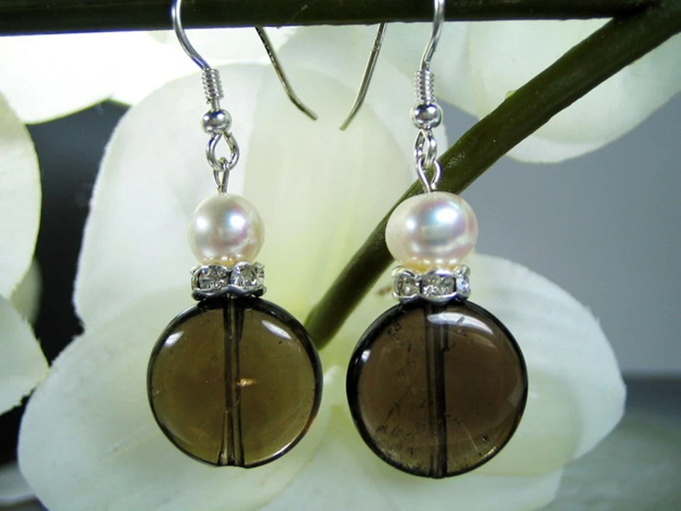 Bella Orecchini IN Quarzo Affumicato Con Perle D'Acqua Dolce 925er Argento - Immagine 1 di 1