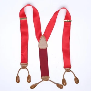 Trafalgar Mens Braces Suspenders Solid Red Woven Nylon Brown Leather Brass - Picture 1 of 6