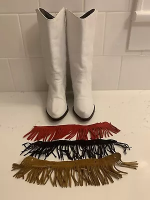 Vintage White Leather Cowboy Boots Size 6 M Removeable Fringe Detail Snaps On - Image 1 of 4
