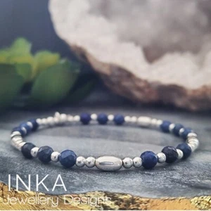 Inka 925 Sterling Silver & 4mm Lapis bead Oval Stacking Bracelet with Inka charm - Picture 1 of 8