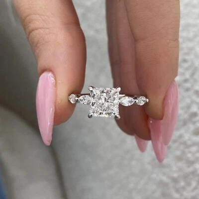 Princess Lab-Created Diamond Ring 14K White Gold Solitaire Side Stone 2.65 Ct - Image 1 of 4