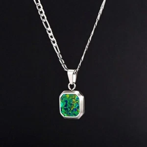 Fire Opal Men's Square Pendant Stackable Minimalist Sterling Silver Jewelry Gift - Picture 1 of 5