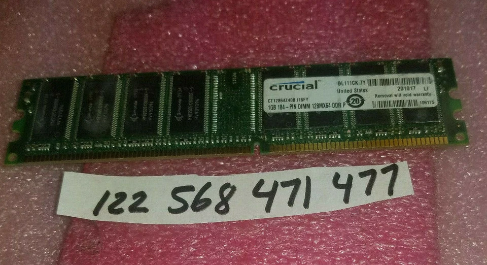 1GB 184p PC3200 CL3 16c 64x8 DDR400 2Rx8 2.5V UDIMM RFB   - Image 1 of 1