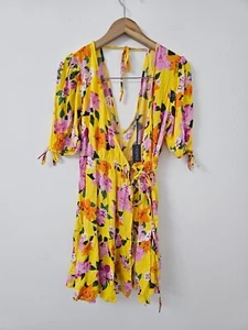 Figleaves Mini Dress Womens Size UK8 Yellow Panama Tiered Tie Short Sleeve - Picture 1 of 12