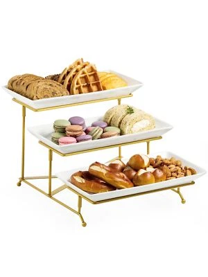 3 Tier Serving Stand with Porcelain Serving Platter Tier Serving Trays with C... - Image 1 of 4