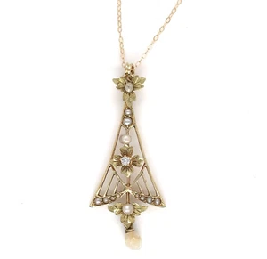 Victorian Diamond and Pearl Lavaliere with Flower Motifs and Pearl Drop (#J6379) - Picture 1 of 9