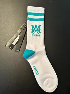 Amiri White TEAL M.A. LOGO Crew Ribbed Socks Size 43-44 ( Size 10-11) NEW - Picture 1 of 4