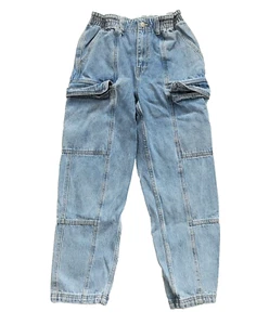 Simple Society Jeans Womens Blue Cargo Denim Wide Leg High Rise Paperbag 9/29 - Picture 1 of 10