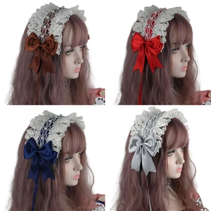 Women Girls Lolita Hair Hoop Maid Anime Cosplay Headwear Ribbon Bowknot Hearband - Picture 1 of 15