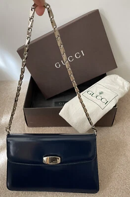 Подлинный винтажный GG Gucci синий лакированная кожа серебряная цепочка наплечная сумка - Изображение 1 из 4