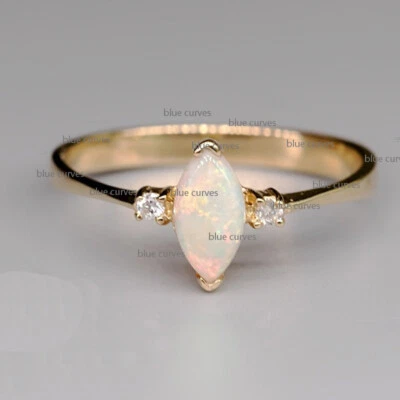 Anillo de diamantes de ópalo marquesa natural de oro amarillo macizo de 14 k joyería fina EE. UU. 7 Foto 1 de 3