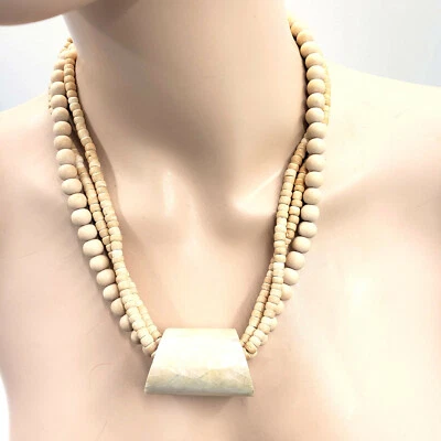 Three Strand Pastel Tones Muted Wood Beaded Necklace Pendant Hook & Eye Closure - Image 1 of 4