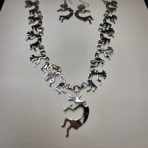 56 Grams STERLING SILVER KOKOPELLI KACHINA NECKLACE EARRINGS SET - Picture 1 of 8