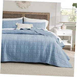 100% Cotton Quilt Set - King Size Bedspread, Mineral Blue Lightweight Soft - Picture 1 of 7