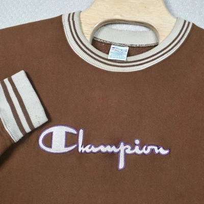 Sudadera Vintage Años 90 Champion Tejido Inverso XL Marrón Hecha en EE. UU. Rayas Acanaladas  Foto 1 de 4