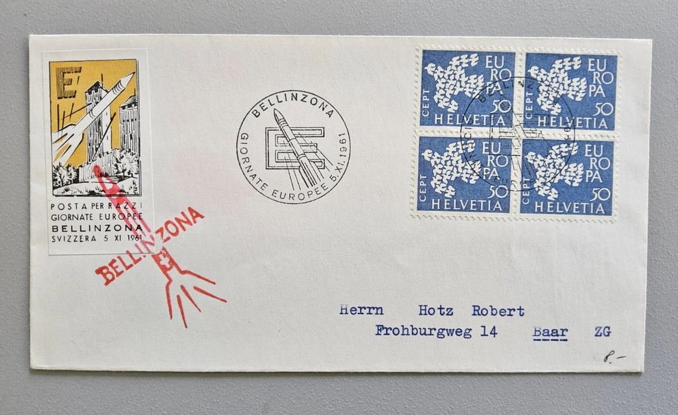 Brief Raketenpost, Schweiz 1961, Rakete Bellinzona, Flugpost "Giornate Europee" - Bild 1 von 1