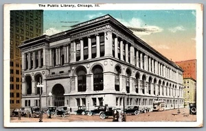 Postcard Chicago IL c1919 The Public Library Old Cars - Picture 1 of 2