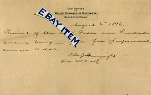 1896 TX letterhead GALVESTON TEXAS lawyer attorney WILLIE CAMPBELL BALLINGER - Picture 1 of 1