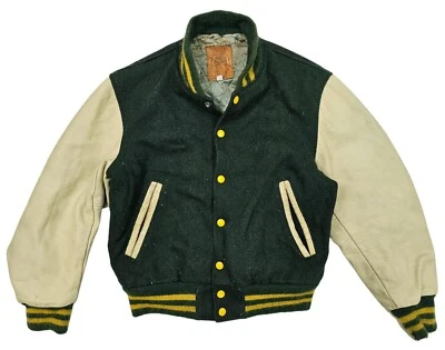 HOT VTG Men's GOLDEN BEAR @ BOMBER VARSITY WOOL LEATHER GREEN Jacket S (*Fit XS) - Image 1 of 4