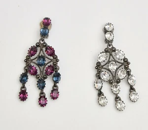 KENNETH J.L. Earrings, Silver Plated, Crystal Blue and Purple, Clip on, Drop - Picture 1 of 3
