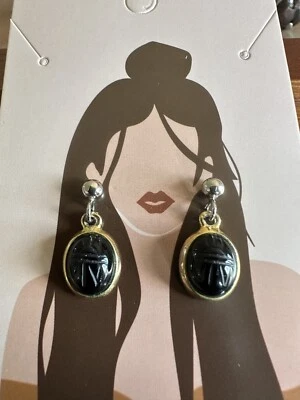 Висячие серьги ЧЕРНЫЙ ОНИКС СКАРАБЕЙ золотистые и серебристые - Изображение 1 из 4