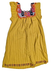 THML Boho Pom Pom Shift Mini Dress Flutter Sleeve Mustard Yellow Embroidered XS - Picture 1 of 9
