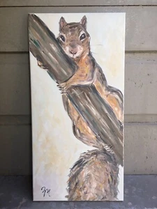 Gray Squirrel Painting, Tree Branch Cabin Forest Art, Original Oil by Gretchen - Picture 1 of 4