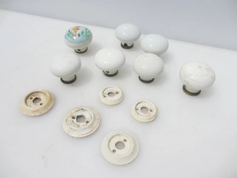 Late Vintage Ceramic Door Handles Knobs Plates Old Retro Gold Bands Job Lot Cover